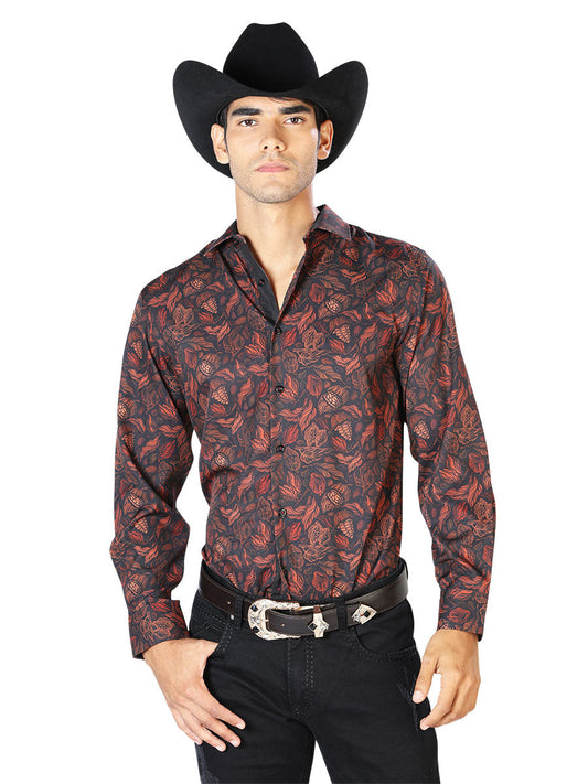 Camisa Vaquera Manga Larga Estampada Negro/Ladrillo para Hombre 'El Señor de los Cielos' - ID: 43541 Camisas Estampadas El Señor de los Cielos Black/Brick