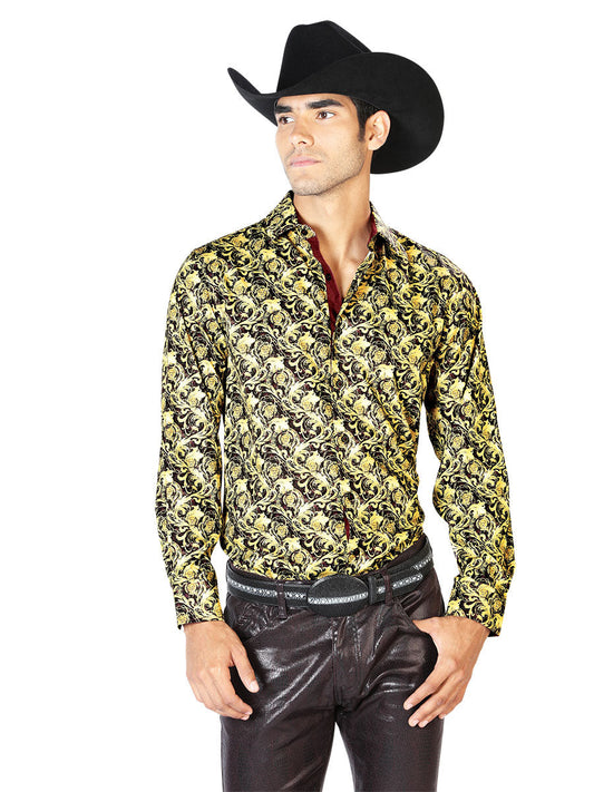 Camisa Vaquera Manga Larga Estampada Negro/Amarillo para Hombre 'El Señor de los Cielos' - ID: 43542 Camisas Estampadas El Señor de los Cielos Black/Yellow