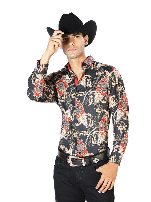 Camisa Vaquera Manga Larga Estampada Negro/Oro para Hombre 'El Señor de los Cielos' - ID: 43543 Camisas Estampadas El Señor de los Cielos Black/Gold