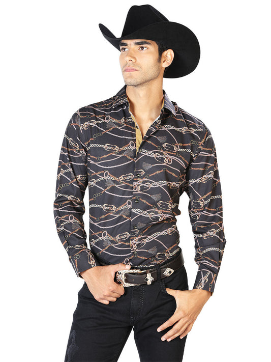 Camisa Vaquera Manga Larga Estampada Cadenas Negro/Oro para Hombre 'El Señor de los Cielos' - ID: 43545 Camisas Estampadas El Señor de los Cielos Black/Gold