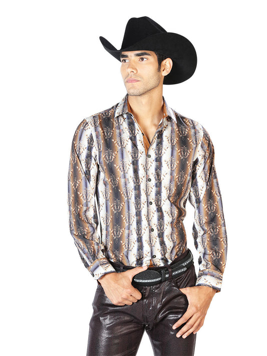 Camisa Vaquera Manga Larga Estampada Negro/Cafe para Hombre 'El Señor de los Cielos' - ID: 43546 Camisas Estampadas El Señor de los Cielos Black/Brown