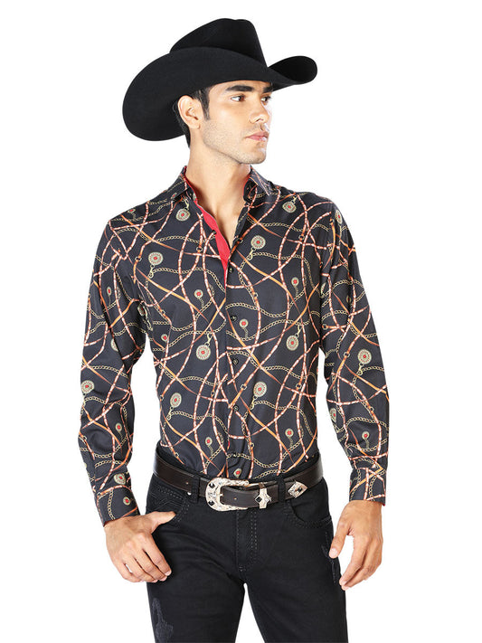 Camisa Vaquera Manga Larga Estampada Cadenas Negro/Oro para Hombre 'El Señor de los Cielos' - ID: 43547 Camisas Estampadas El Señor de los Cielos Black/Gold