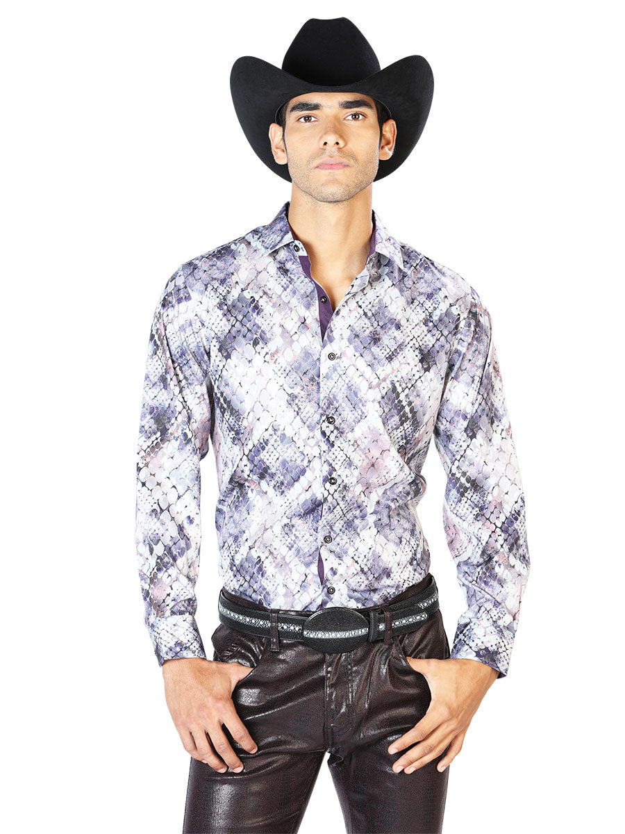 Camisa Vaquera Manga Larga Estampada Morado para Hombre 'El Señor de los Cielos' - ID: 43549 Camisas Estampadas El Señor de los Cielos Purple