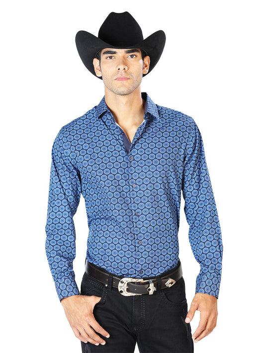 Camisa Vaquera Manga Larga Estampada Azul Marino para Hombre 'El Señor de los Cielos' - ID: 43550 Western Shirt El Señor de los Cielos Navy Blue