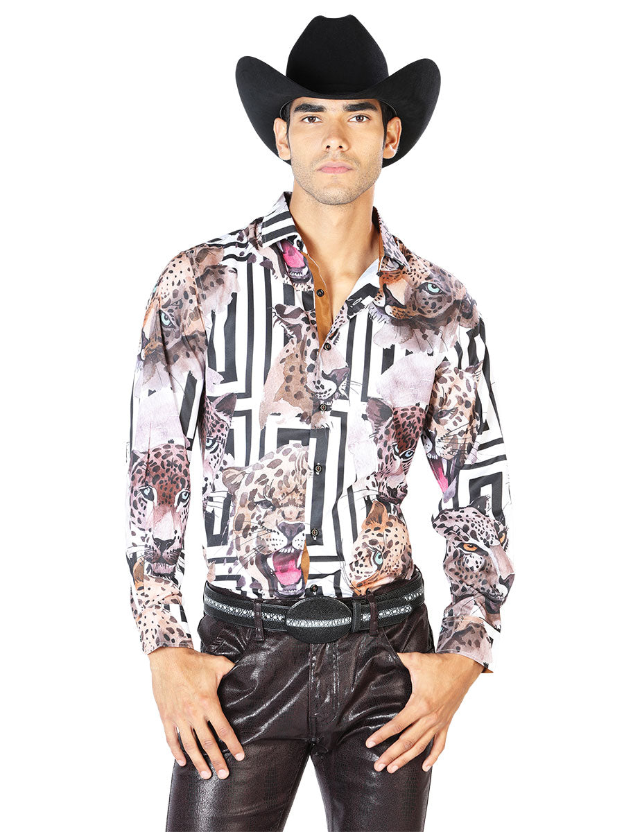 Camisa Vaquera Manga Larga Estampada Leopardo Jaguar para Hombre 'El Señor de los Cielos' - ID: 43551 Camisas Estampadas El Señor de los Cielos Jaguar