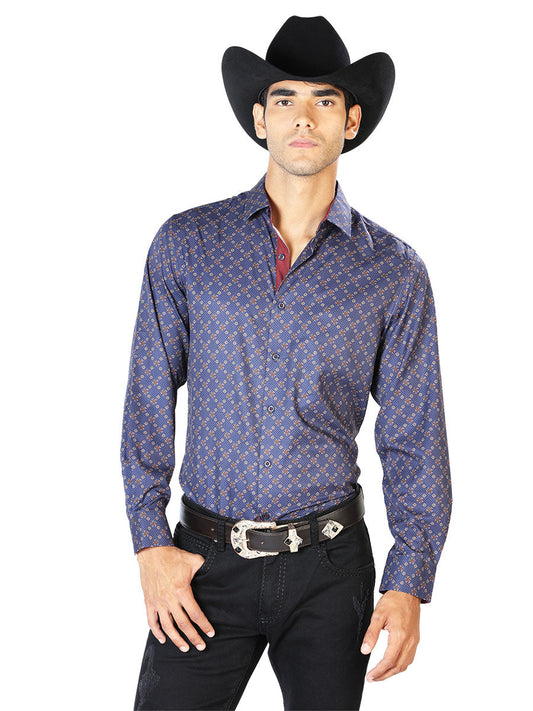 Camisa Vaquera Manga Larga Estampada Azul para Hombre 'El Señor de los Cielos' - ID: 43553 Camisas Estampadas El Señor de los Cielos Blue