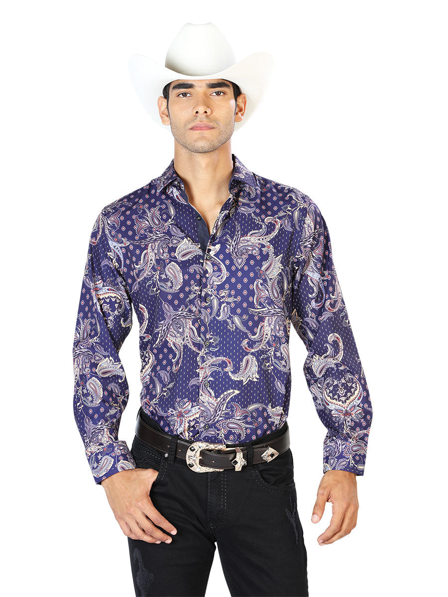 Camisa Vaquera Manga Larga Estampada Azul Amarillo para Hombre 'El Señor de los Cielos' - ID: 43554 Camisas Estampadas El Señor de los Cielos Blue Yellow