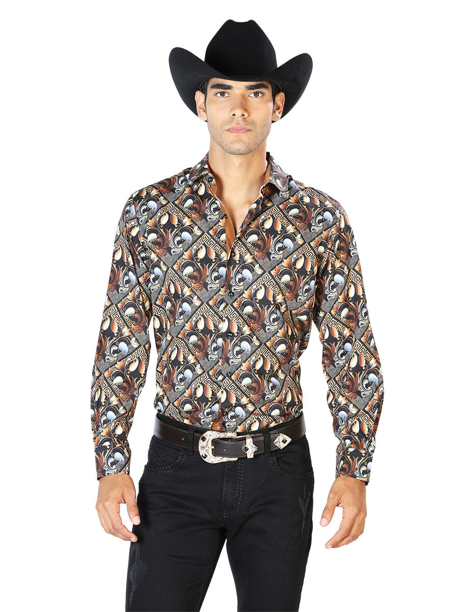 Camisa Vaquera Manga Larga Estampada Oro para Hombre 'El Señor de los Cielos' - ID: 43555 Camisas Estampadas El Señor de los Cielos Gold