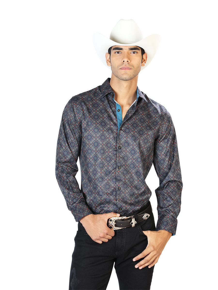 Camisa Vaquera Manga Larga Estampada Negro/Oro para Hombre 'El Señor de los Cielos' - ID: 43556 Camisas Estampadas El Señor de los Cielos Black/Gold