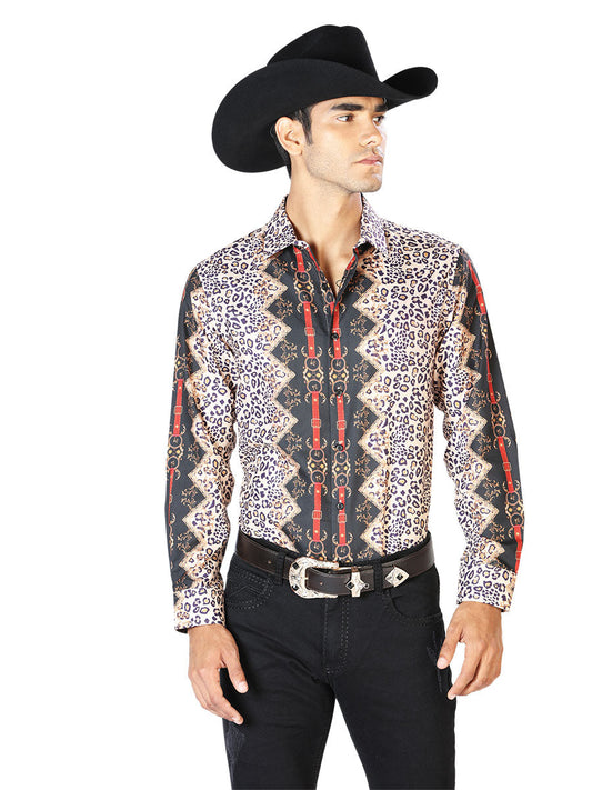 Camisa Vaquera Manga Larga Estampada Leopardo Leopardo para Hombre 'El Señor de los Cielos' - ID: 43557 Camisas Estampadas El Señor de los Cielos Leopard