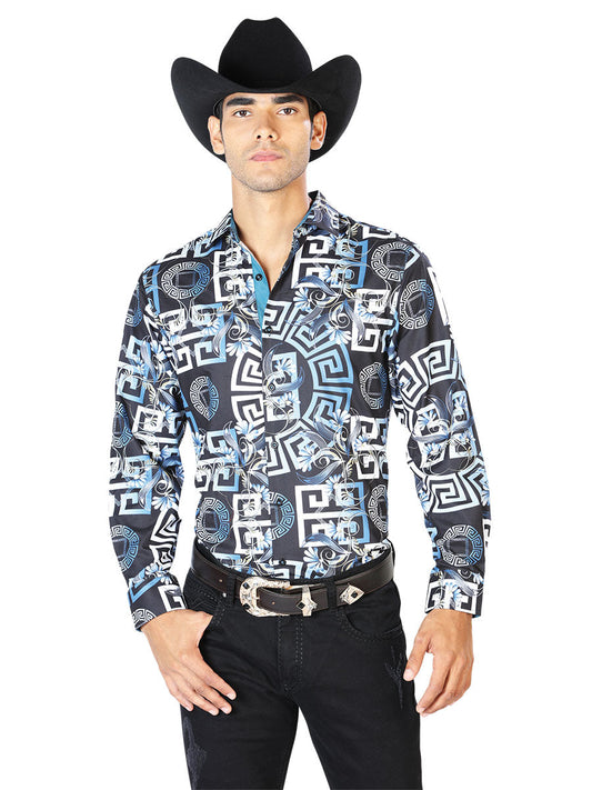 Camisa Vaquera Manga Larga Estampada Azul Marino para Hombre 'El Señor de los Cielos' - ID: 43558 Camisas Estampadas El Señor de los Cielos Navy Blue