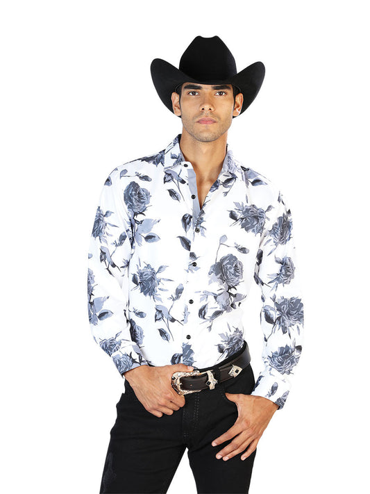 Camisa Vaquera Manga Larga Estampada Floral Blanco/Gris para Hombre 'El Señor de los Cielos' - ID: 43559 Camisas Florales El Señor de los Cielos White/Gray