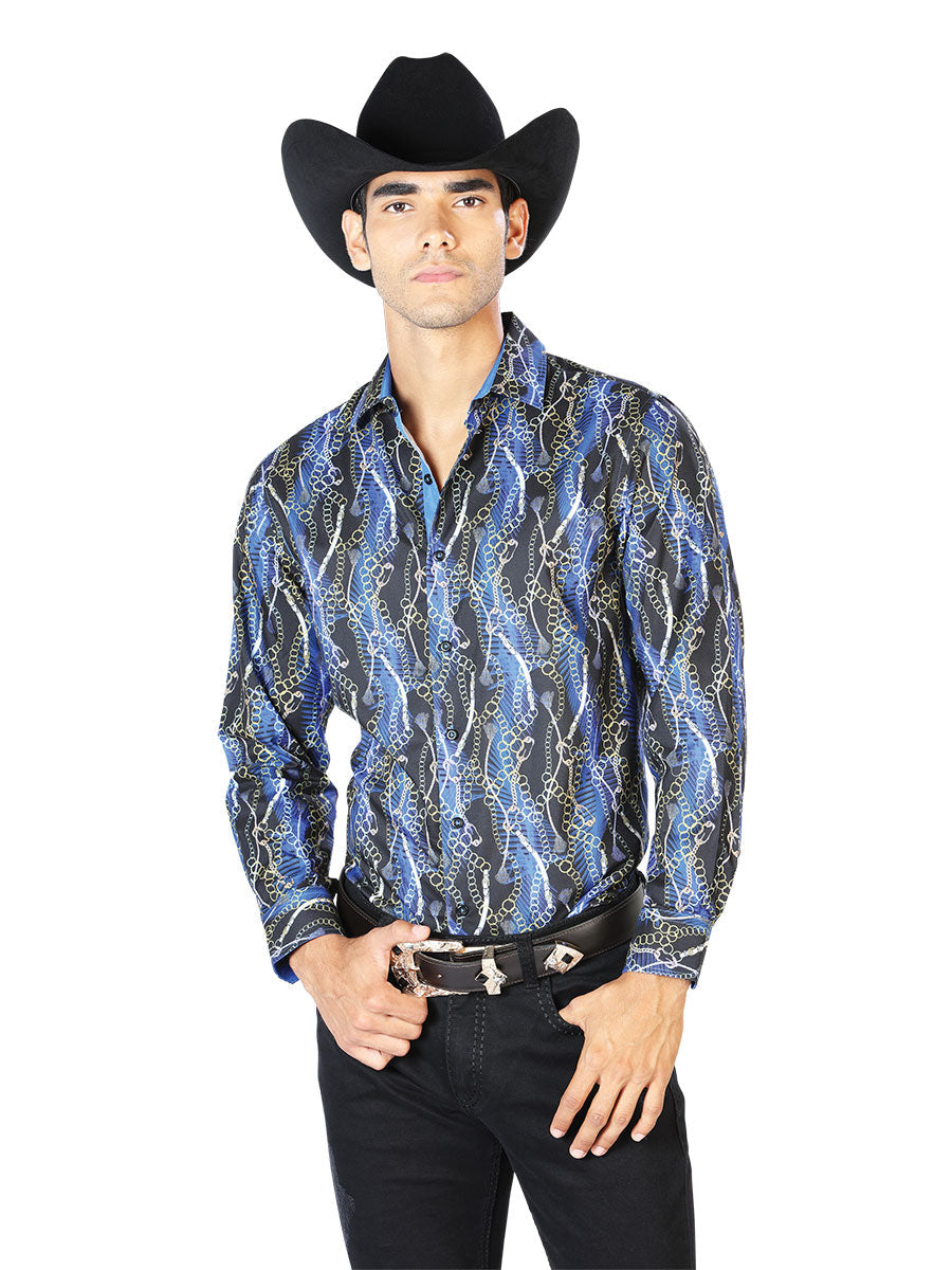 Camisa Vaquera Manga Larga Estampada Cadenas Negro/Azul para Hombre 'El Señor de los Cielos' - ID: 43560 Camisas Estampadas El Señor de los Cielos Black/Blue