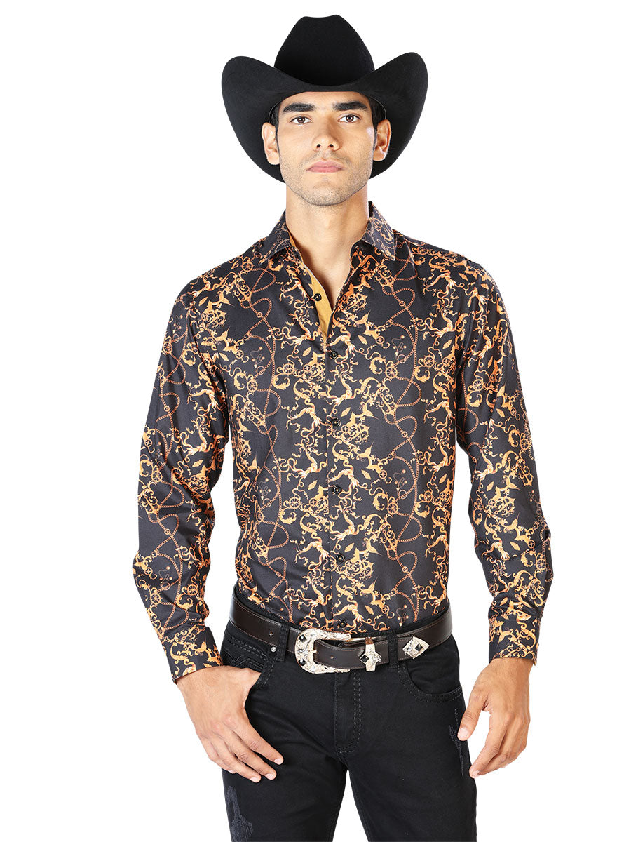 Camisa Vaquera Manga Larga Estampada Negro/Oro para Hombre 'El Señor de los Cielos' - ID: 43561 Camisas Estampadas El Señor de los Cielos Black/Gold