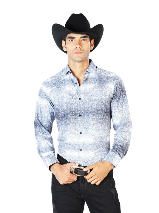 Camisa Vaquera Manga Larga Estampada Gris para Hombre 'El Señor de los Cielos' - ID: 43562 Western Shirt El Señor de los Cielos Gray