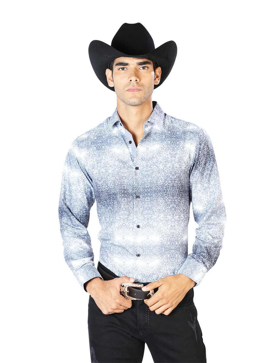 Camisa Vaquera Manga Larga Estampada Gris para Hombre 'El Señor de los Cielos' - ID: 43562 Camisas Estampadas El Señor de los Cielos Gray