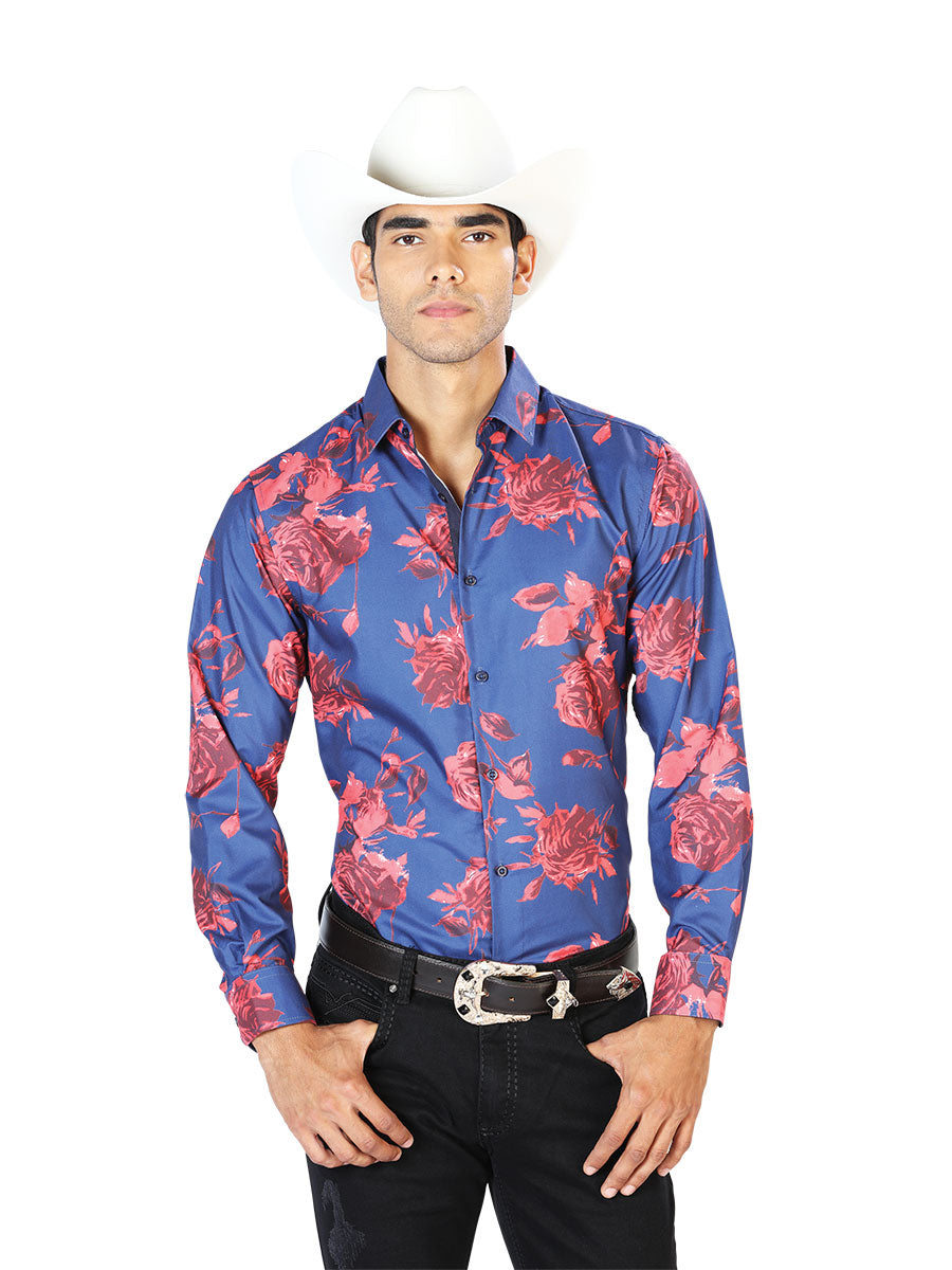 Camisa Vaquera Manga Larga Estampada Floral Azul/Rojo para Hombre 'El Señor de los Cielos' - ID: 43563 Camisas Florales El Señor de los Cielos Blue/Red