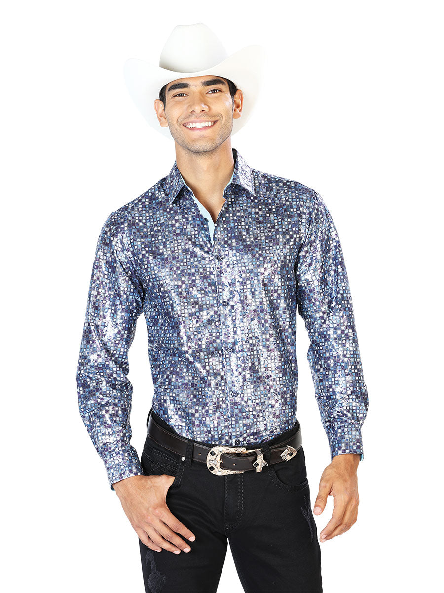 Camisa Vaquera Manga Larga Estampada Azul Marino para Hombre 'El Señor de los Cielos' - ID: 43565 Camisas Estampadas El Señor de los Cielos Navy Blue