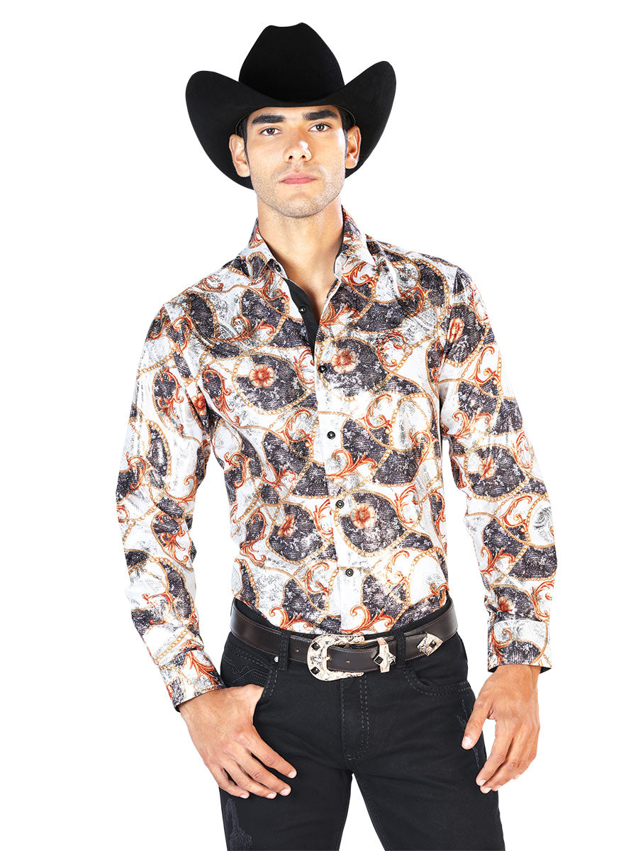 Camisa Vaquera Manga Larga Estampada Blanco Hueso para Hombre 'El Señor de los Cielos' - ID: 43566 Camisas Estampadas El Señor de los Cielos Off White