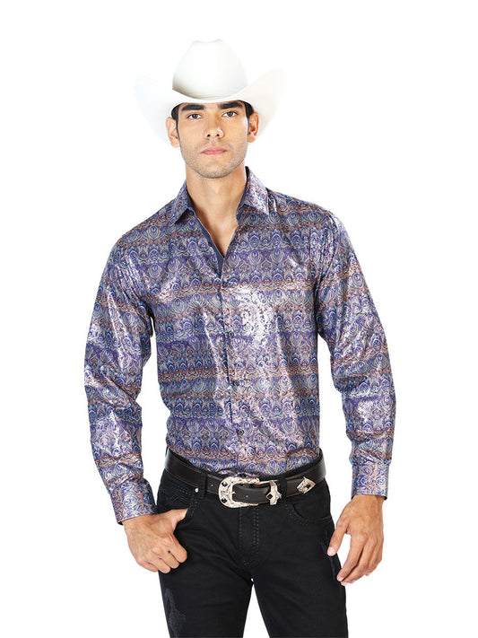 Camisa Vaquera Manga Larga Estampada Vino para Hombre 'El Señor de los Cielos' - ID: 43567 Camisas Estampadas El Señor de los Cielos Wine