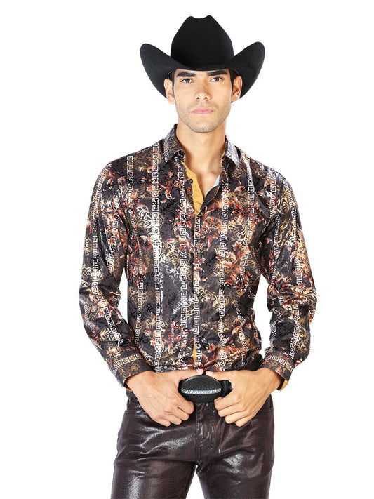 Camisa Vaquera Manga Larga Estampada Negro/Oro para Hombre 'El Señor de los Cielos' - ID: 43568 Camisas Estampadas El Señor de los Cielos Black/Gold