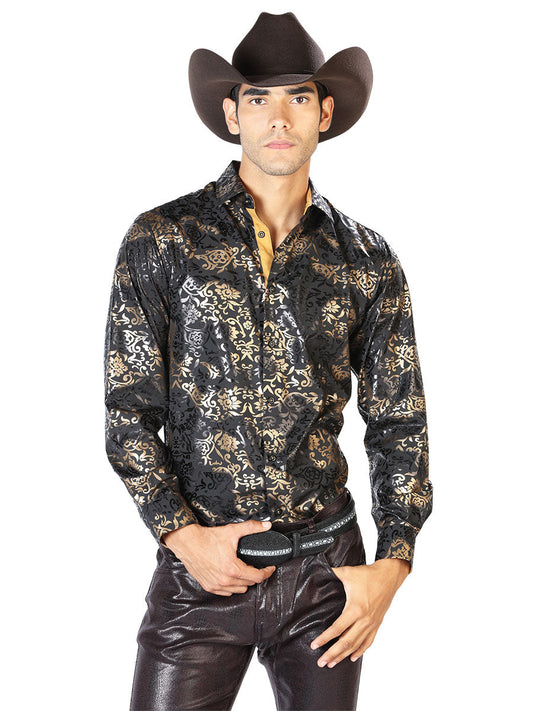 Camisa Vaquera Manga Larga Estampada Negro/Oro para Hombre 'El Señor de los Cielos' - ID: 43570 Camisas Estampadas El Señor de los Cielos Black/Gold