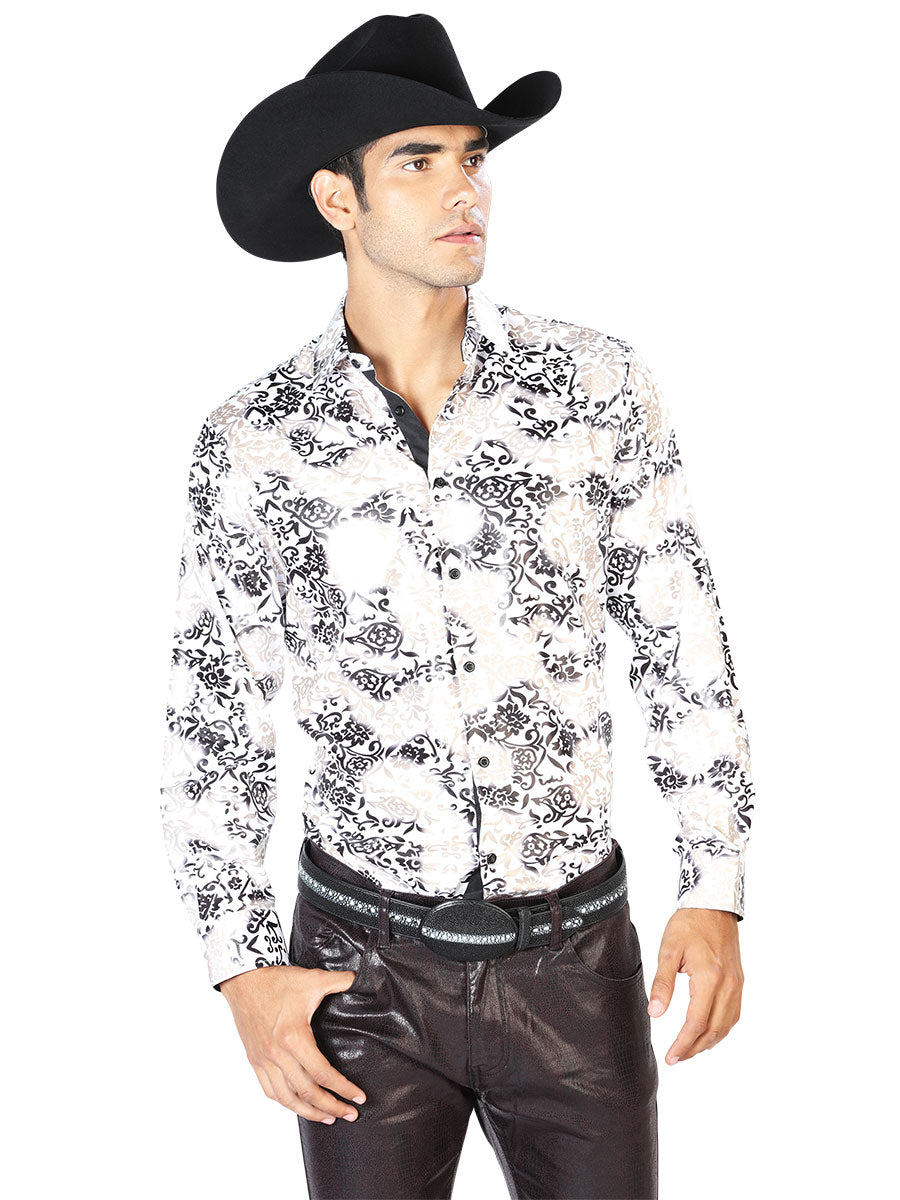 Camisa Vaquera Manga Larga Estampada Marfil/Oro para Hombre 'El Señor de los Cielos' - ID: 43571 Camisas Estampadas El Señor de los Cielos Ivory/Gold