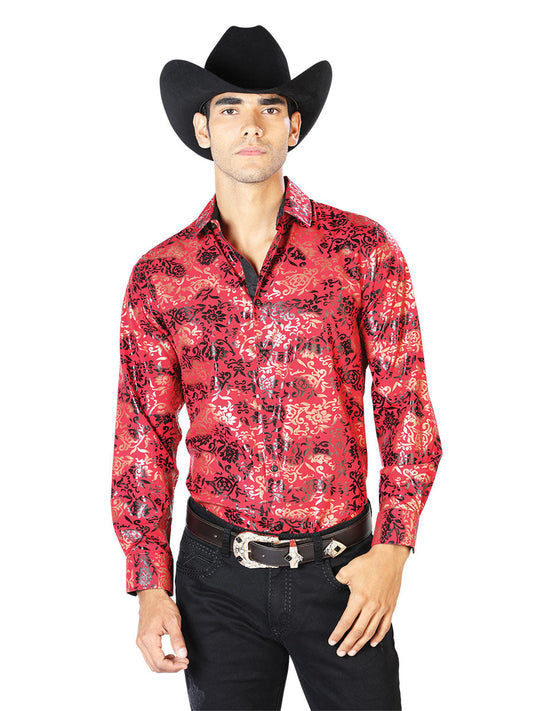 Camisa Vaquera Manga Larga Estampada Rojo/Oro para Hombre 'El Señor de los Cielos' - ID: 43572 Camisas Estampadas El Señor de los Cielos Red/Gold