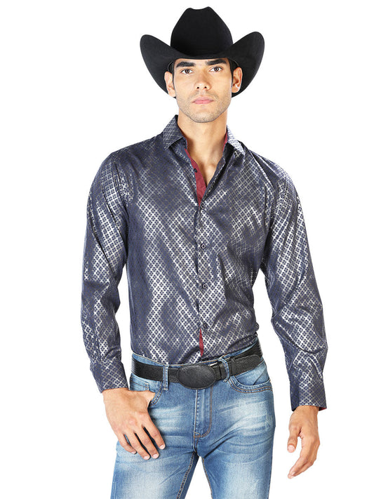 Camisa Vaquera Manga Larga Estampada Marino para Hombre 'El Señor de los Cielos' - ID: 43573 Camisas Estampadas El Señor de los Cielos Navy