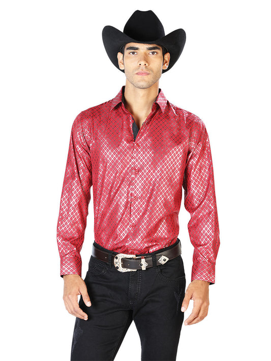 Camisa Vaquera Manga Larga Estampada Vino para Hombre 'El Señor de los Cielos' - ID: 43574 Camisas Estampadas El Señor de los Cielos Wine