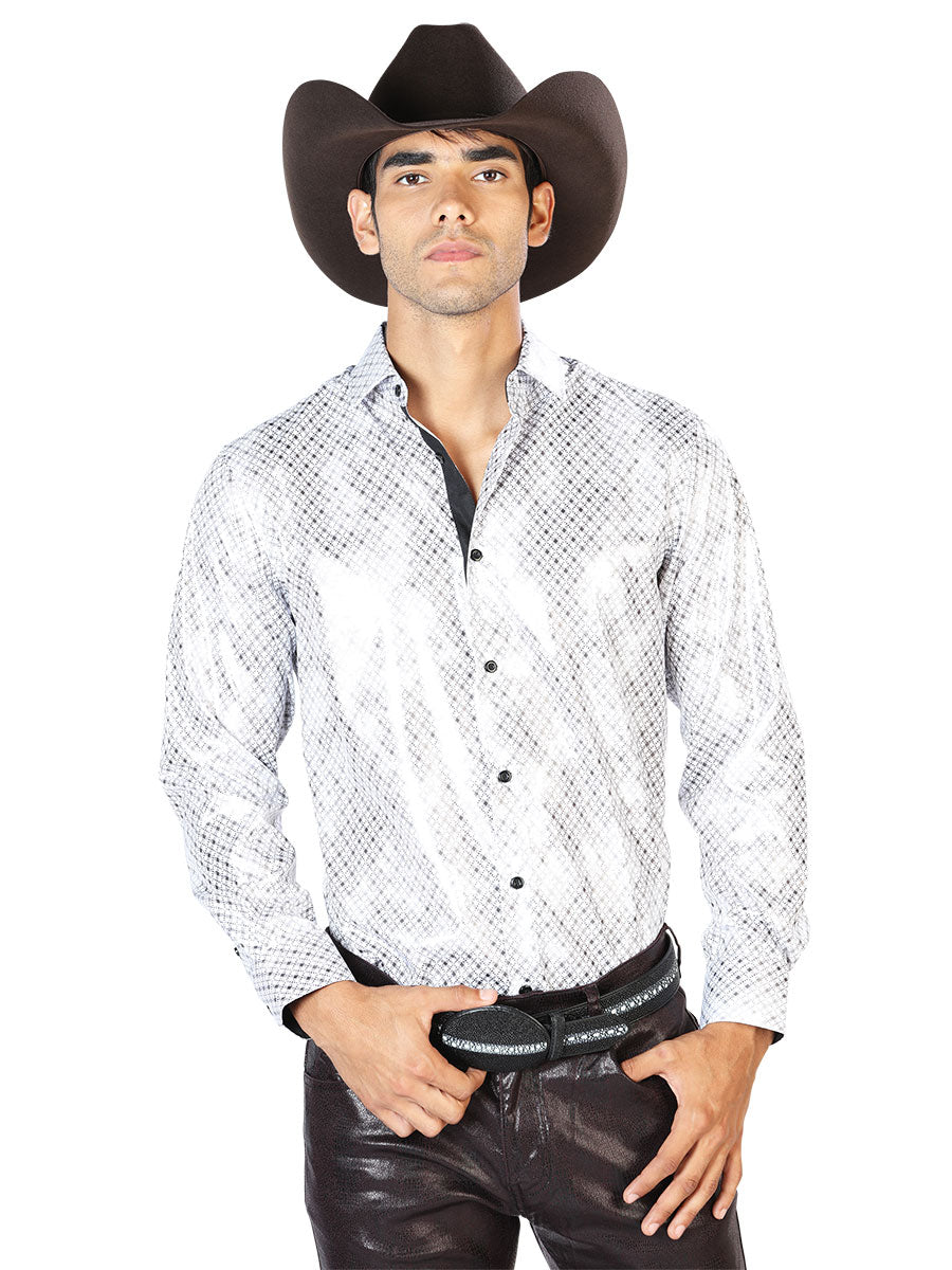 Camisa Vaquera Manga Larga Estampada Blanco para Hombre 'El Señor de los Cielos' - ID: 43575 Western Shirt El Señor de los Cielos White