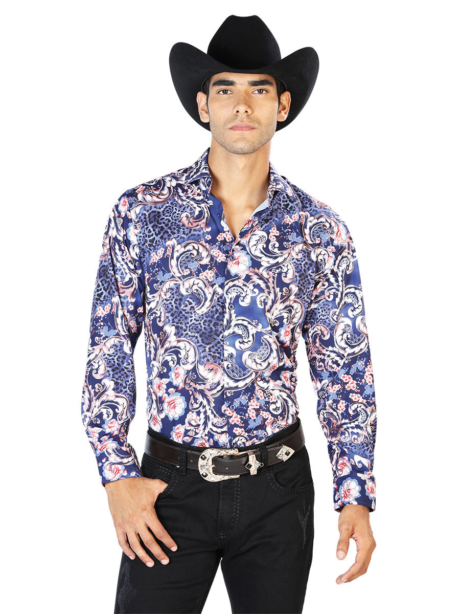 Camisa Vaquera Manga Larga Estampada Azul Marino para Hombre 'El Señor de los Cielos' - ID: 43577 Camisas Estampadas El Señor de los Cielos Navy Blue