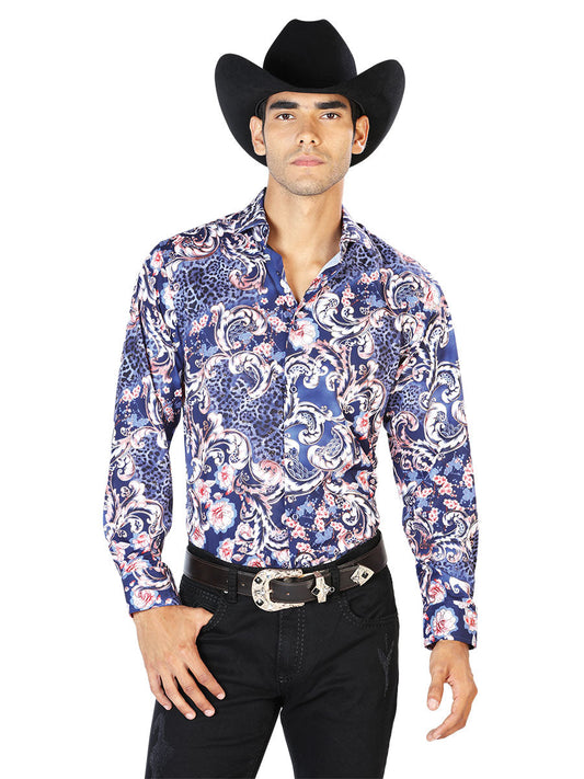 Camisa Vaquera Manga Larga Estampada Azul Marino para Hombre 'El Señor de los Cielos' - ID: 43577 Camisas Estampadas El Señor de los Cielos Navy Blue