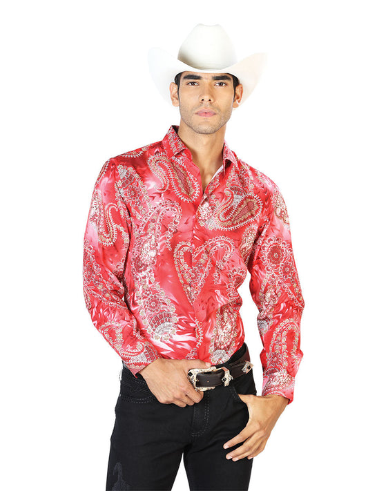 Camisa Vaquera Manga Larga Estampada Rojo para Hombre 'El Señor de los Cielos' - ID: 43578 Camisas Estampadas El Señor de los Cielos Red