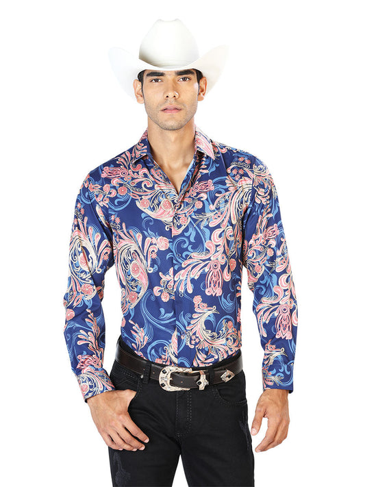 Camisa Vaquera Manga Larga Estampada Azul para Hombre 'El Señor de los Cielos' - ID: 43579 Camisas Estampadas El Señor de los Cielos Blue