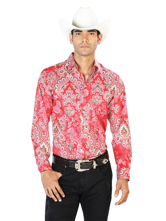 Camisa Vaquera Manga Larga Estampada Rojo para Hombre 'El Señor de los Cielos' - ID: 43581 Camisas Estampadas El Señor de los Cielos Red