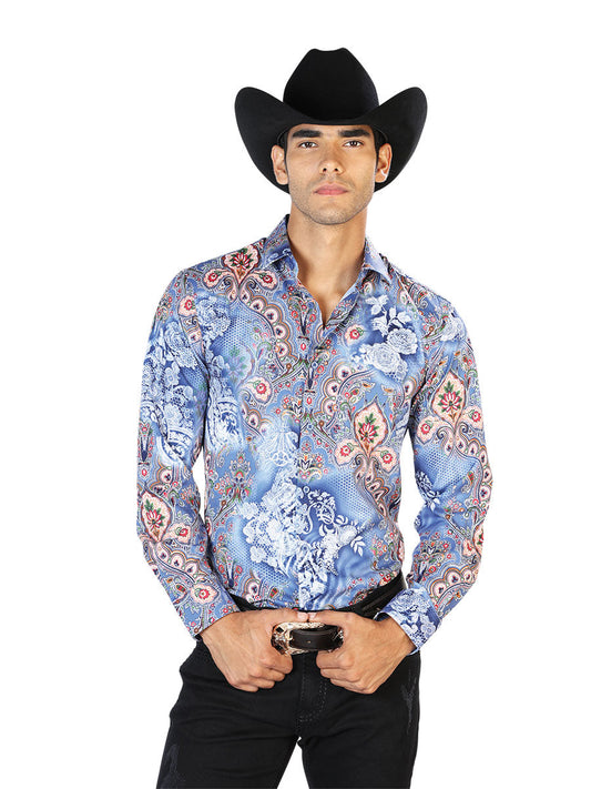 Camisa Vaquera Manga Larga Estampada Azul para Hombre 'El Señor de los Cielos' - ID: 43582 Camisas Estampadas El Señor de los Cielos Blue