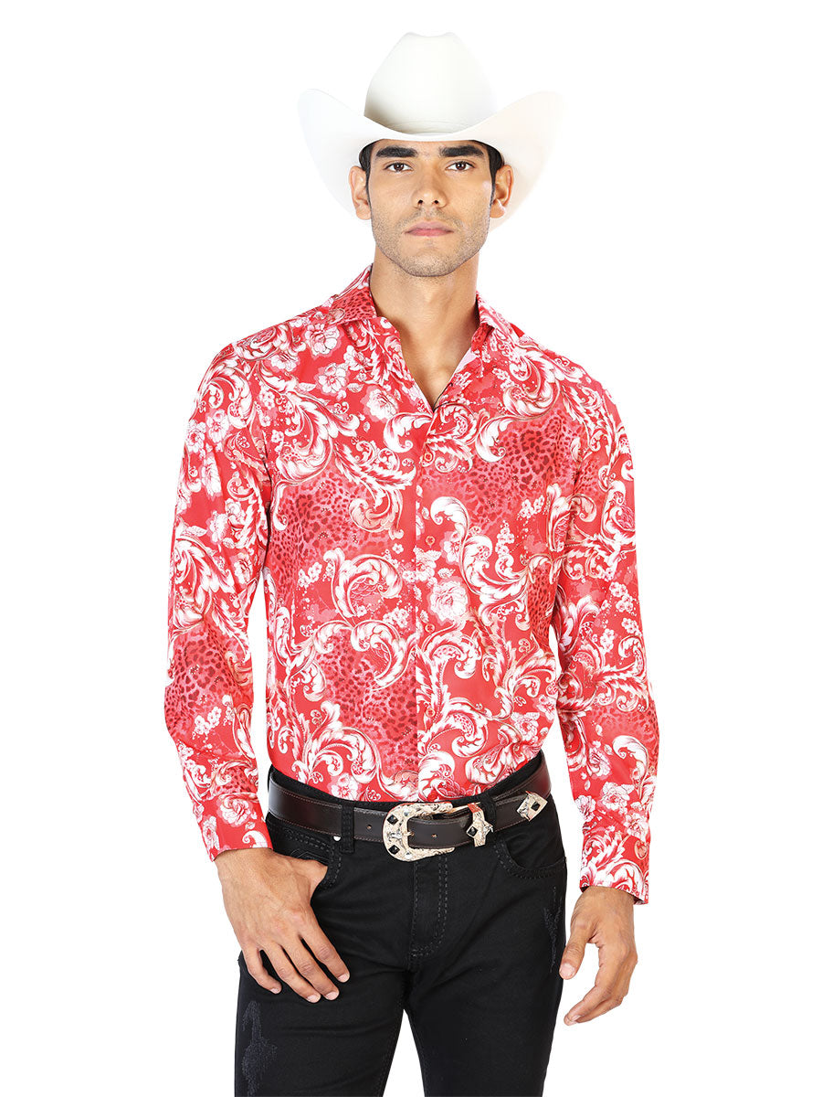 Camisa Vaquera Manga Larga Estampada Rojo para Hombre 'El Señor de los Cielos' - ID: 43583 Camisas Estampadas El Señor de los Cielos Red