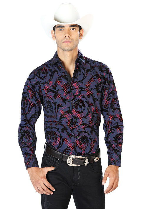 Camisa Vaquera Manga Larga Estampada Marino para Hombre 'El Señor de los Cielos' - ID: 43584 Camisas Estampadas El Señor de los Cielos Navy