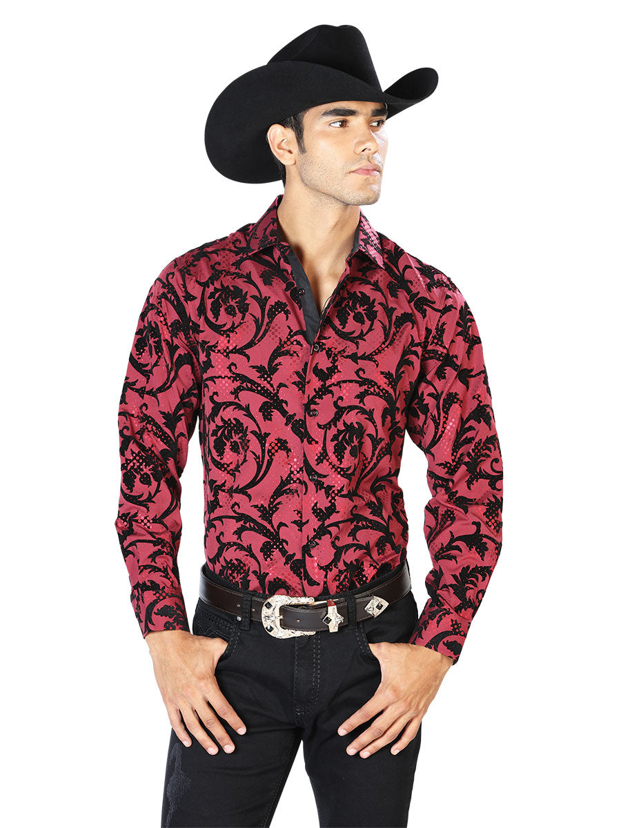 Camisa Vaquera Manga Larga Estampada Vino Oscuro para Hombre 'El Señor de los Cielos' - ID: 43585 Camisas Estampadas El Señor de los Cielos Dark Wine