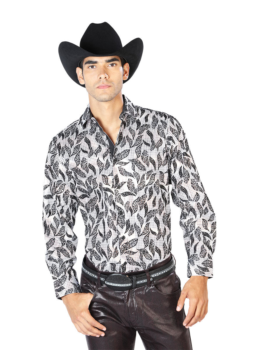 Camisa Vaquera Manga Larga Estampada Hojas Blanco para Hombre 'El Señor de los Cielos' - ID: 43587 Western Shirt El Señor de los Cielos White