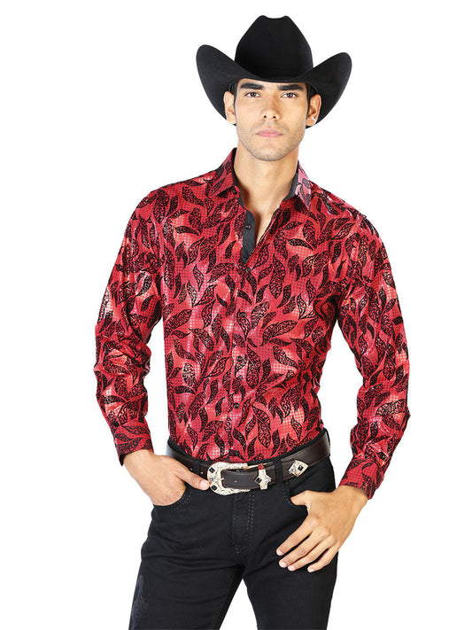 Camisa Vaquera Manga Larga Estampada Hojas Vino para Hombre 'El Señor de los Cielos' - ID: 43588 Western Shirt El Señor de los Cielos Wine