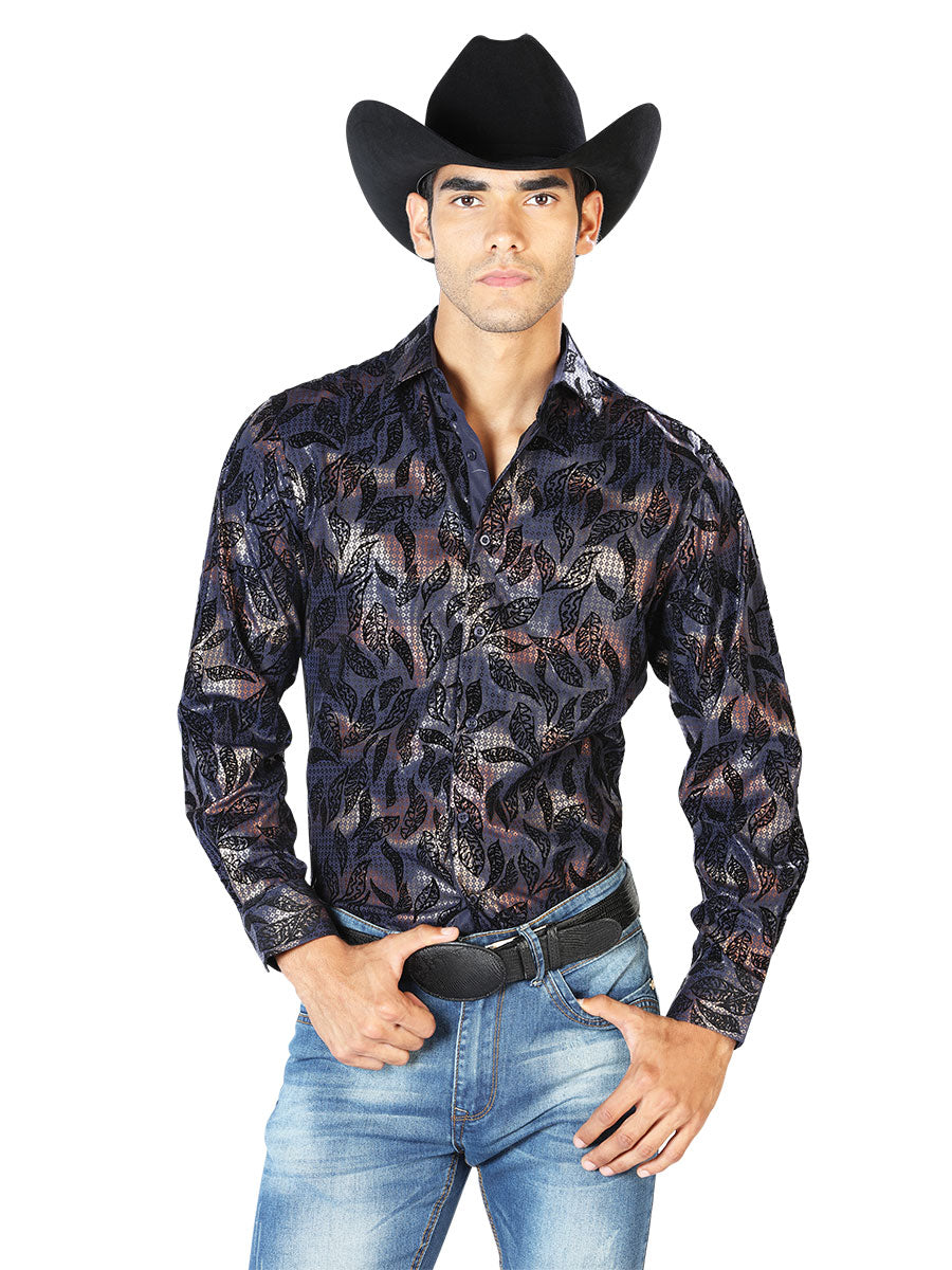 Camisa Vaquera Manga Larga Estampada Hojas Marino para Hombre 'El Señor de los Cielos' - ID: 43589 Camisas Estampadas El Señor de los Cielos Navy