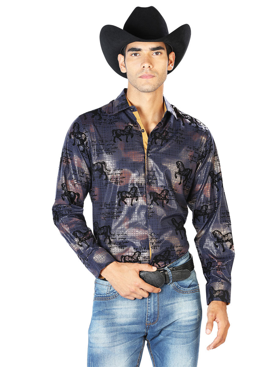 Camisa Vaquera Manga Larga Estampada Caballos Marino para Hombre 'El Señor de los Cielos' - ID: 43594 Camisas Estampadas El Señor de los Cielos Navy