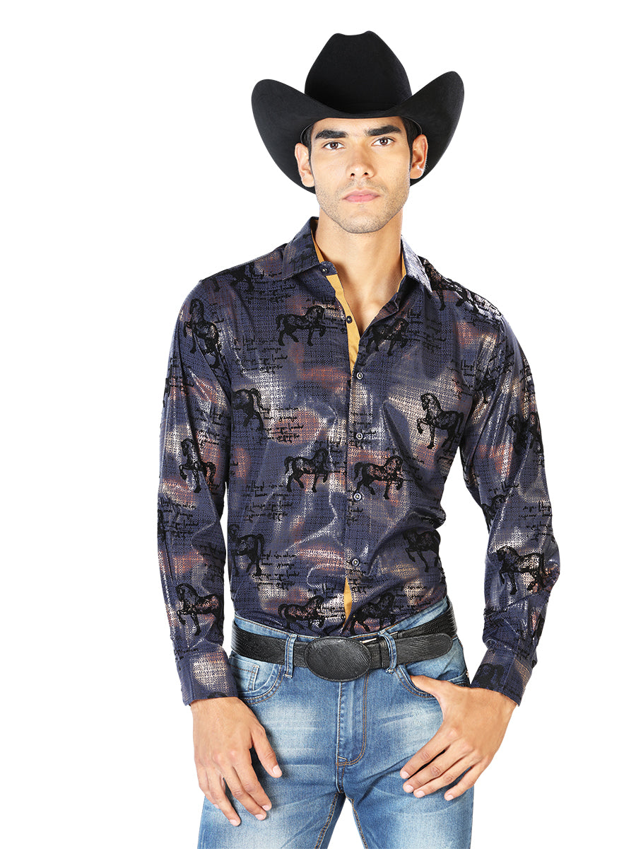 Camisa Vaquera Manga Larga Estampada Caballos Marino para Hombre 'El Señor de los Cielos' - ID: 43594 Camisas Estampadas El Señor de los Cielos 