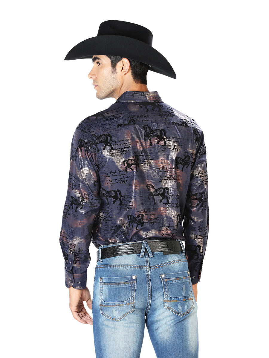 Camisa Vaquera Manga Larga Estampada Caballos Marino para Hombre 'El Señor de los Cielos' - ID: 43594 Camisas Estampadas El Señor de los Cielos 