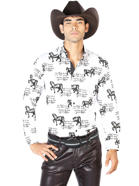 Camisa Vaquera Manga Larga Estampada Caballos Blanco para Hombre 'El Señor de los Cielos' - ID: 43597 Camisas Estampadas El Señor de los Cielos White