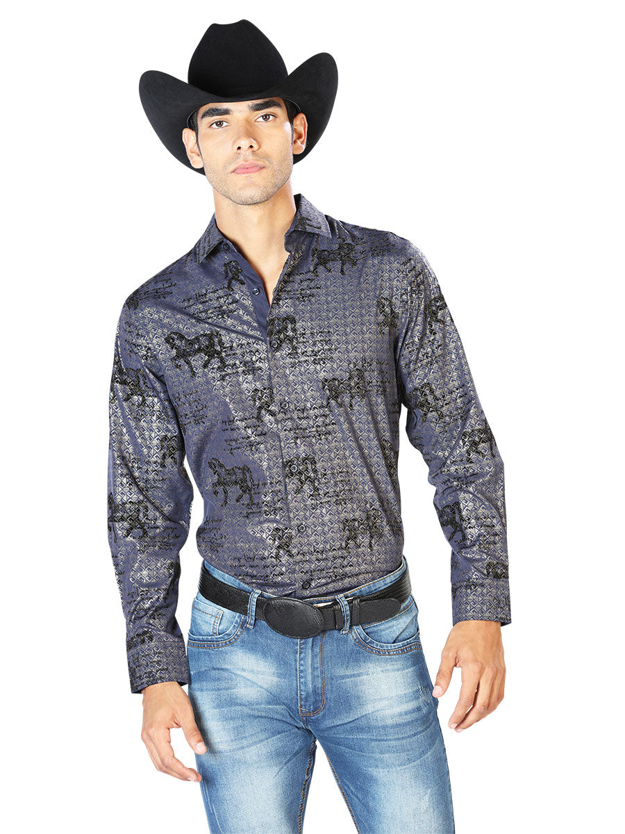 Camisa Vaquera Manga Larga Estampada Caballos Marino para Hombre 'El Señor de los Cielos' - ID: 43598 Camisas Estampadas El Señor de los Cielos Navy