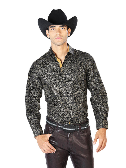 Camisa Vaquera Manga Larga Estampada Negro para Hombre 'El Señor de los Cielos' - ID: 43600 Camisas Estampadas El Señor de los Cielos Black