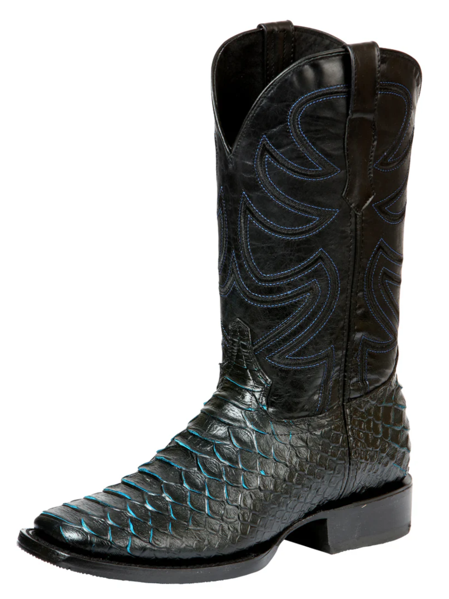Botas Vaqueras Rodeo Imitacion de Python Grabado en Piel Vacuno para Hombre 'El General' - ID: 45564 Botas Python Print El General Negro/Azul